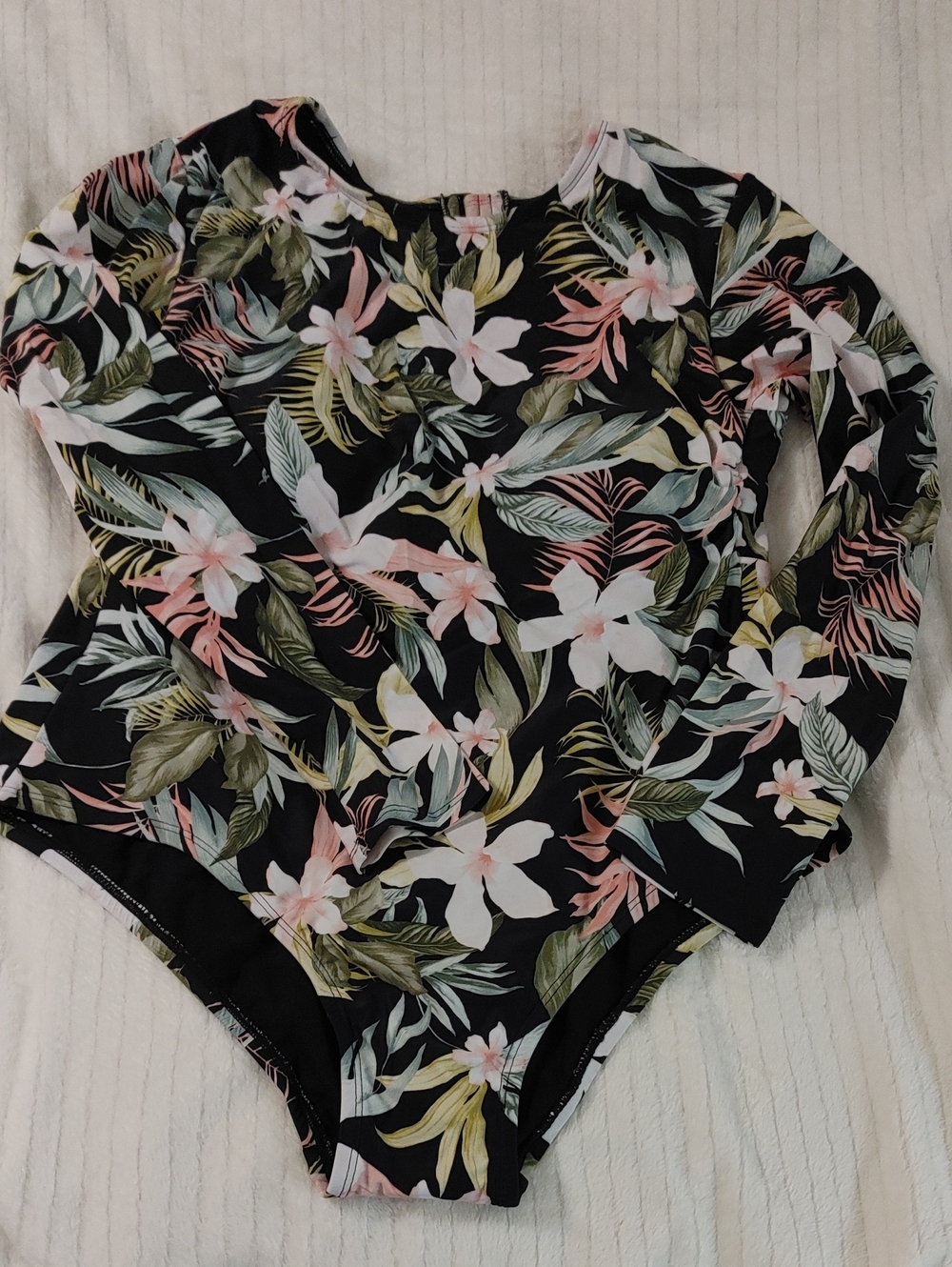 Women's Long-Sleeve One-Piece Swimsuit in Black Floral